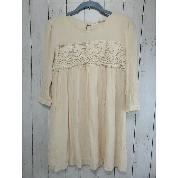 illa illa Long Sleeve Dress Light Tan Crochet Print Size Small 100% Rayon Nice! - Picture 1 of 8